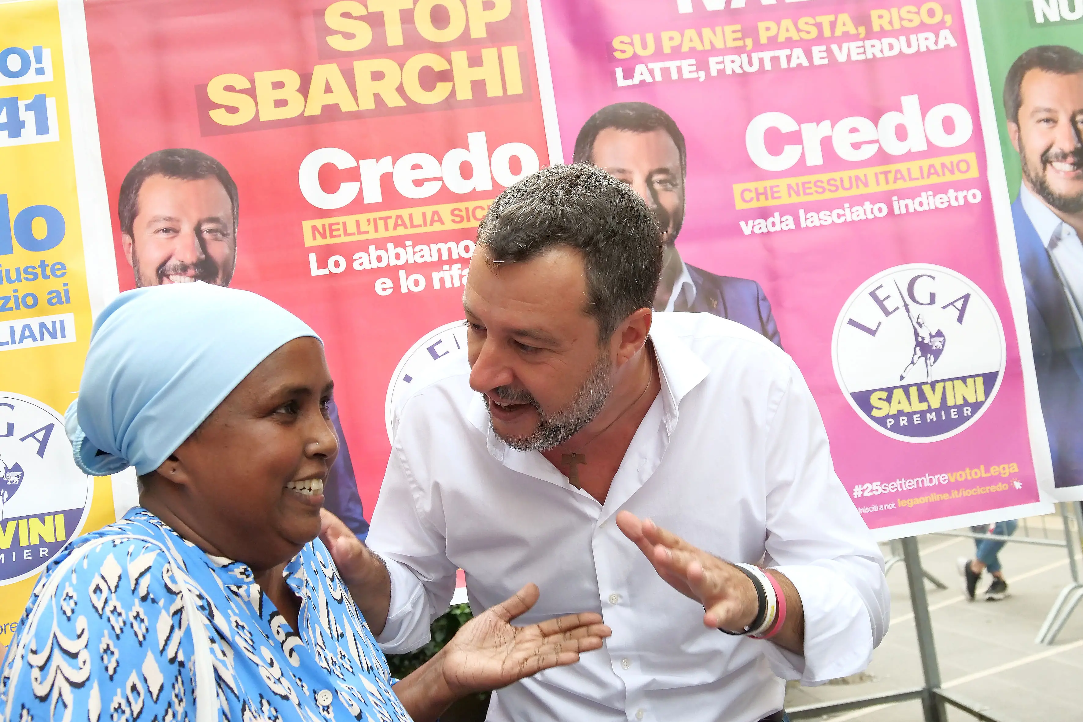 Arezzo, 8 settembre, 2022 : Matteo Salvini, leader della Lega, durante un comizio elettorale Foto di © Daiano Cristini/Sintesi Italy, Tuscany region, Arezzo, September 8, 2022 : Matteo Salvini, leader of Lega Party, during a rally for the electoral campaign. In Italy on September 25 there will be political elections.