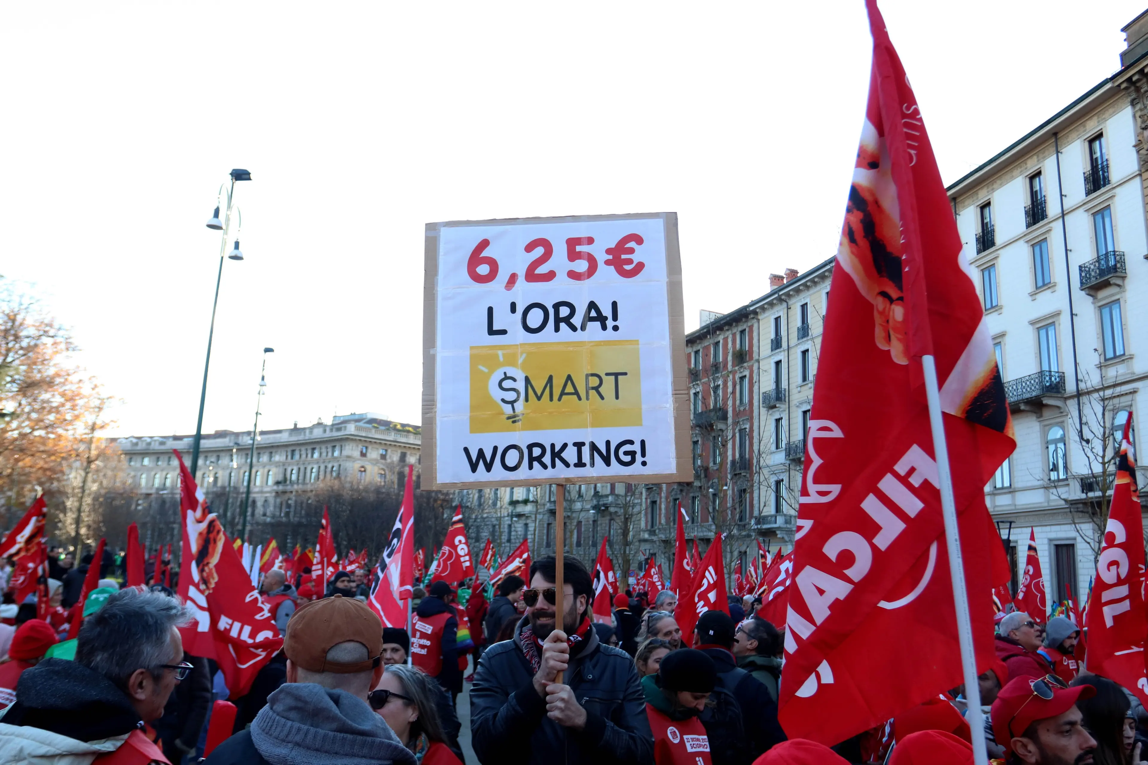 SCIOPERO MANIFESTAZIONE DEI LAVORATORI DEL COMMERCIO E SERVIZ STRISCIONE SALARIO MINIMO