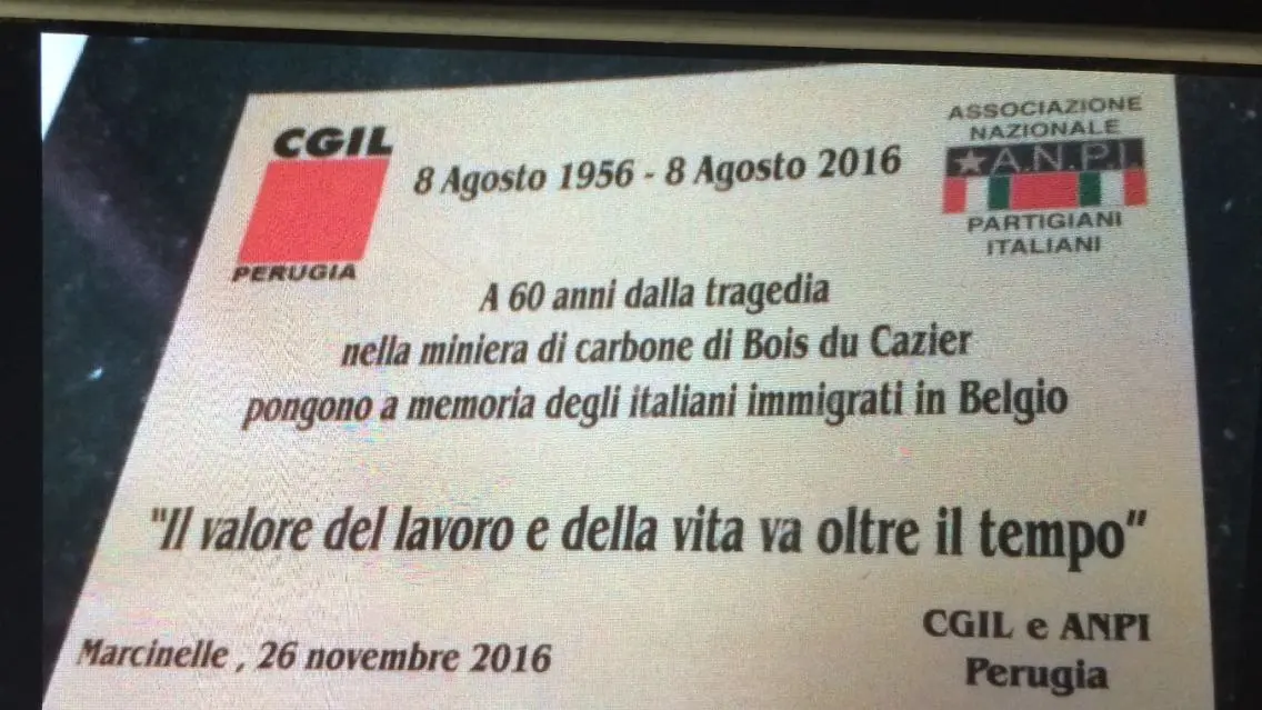 La targa di Cgil e Anpi Perugia a Marcinelle